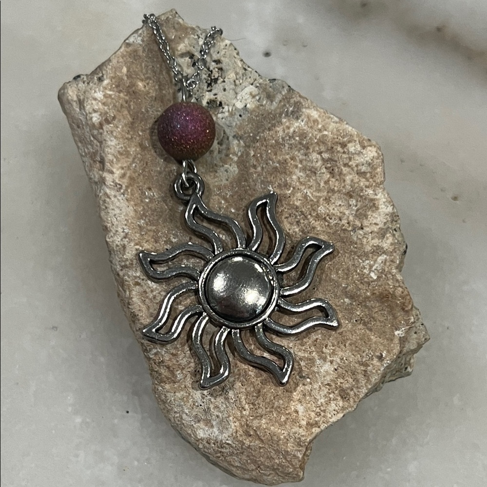 Silver Sun Pendant Necklace with Pink Bead